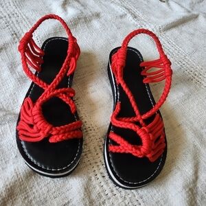 WOMENS  red and black Bohemian Flat Bandages sandals Summer Beach Shoes